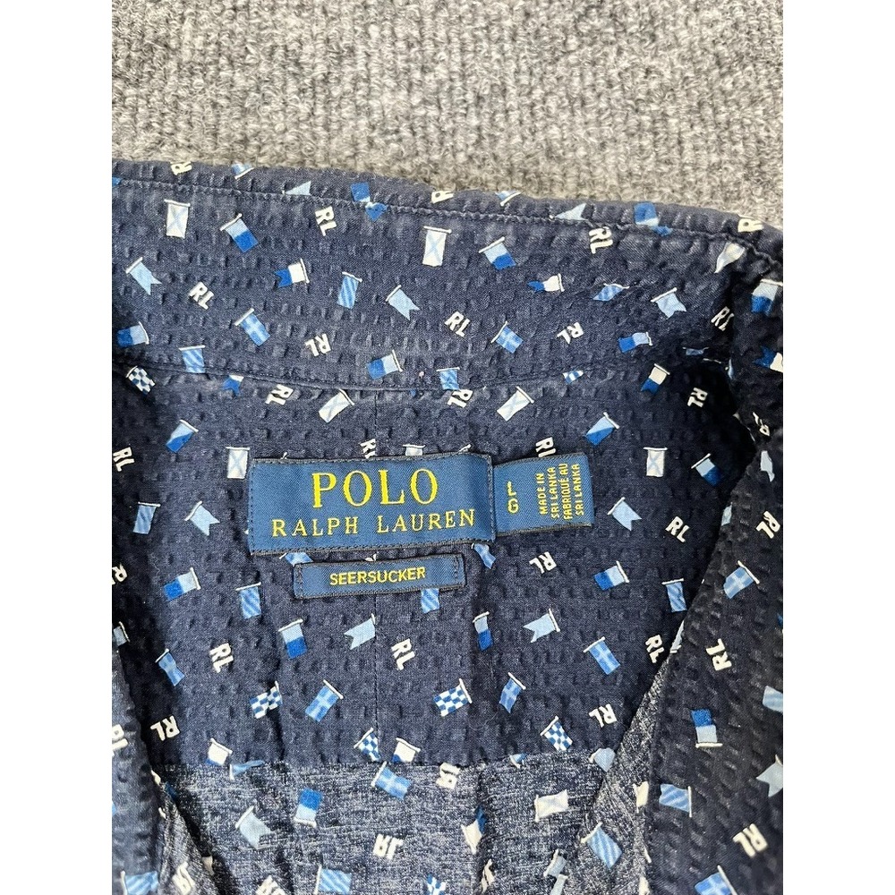 Polo Ralph Lauren Shirt Adult Large Blue Seersucker All Over Print Smart Casual - Picture 3 of 9